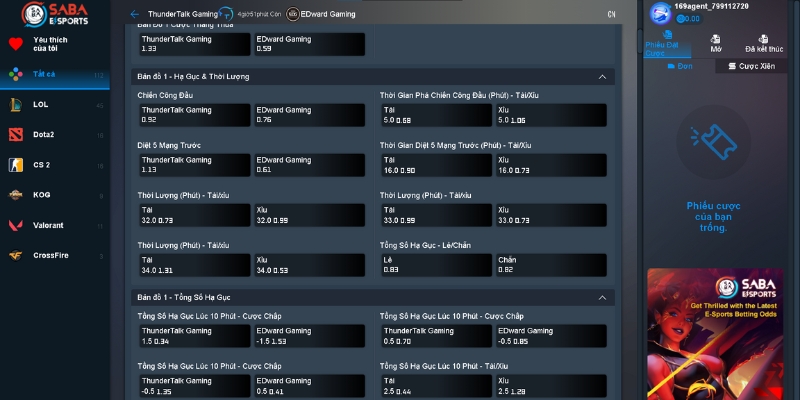 Danh sách các loại kèo cược trong sảnh Saba Esports
